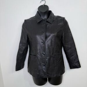 Petite Sophisticate Black Leather Button-Front Jacket